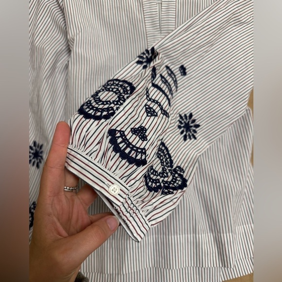 J. Crew embroidered cotton red and navy Striped Blouse with statement bow - Picture 6 of 10